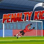 En tegnet scene med en målmand, der dykker for at redde en bold foran et mål, med teksten PENALTY KICK i baggrunden og en spiller i rødt tøj ved siden