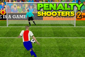 En fodboldspiller i rødt og hvidt sparkes mod mål vogtet af en målmand i blå trøje, med teksten PENALTY SHOOTERS øverst