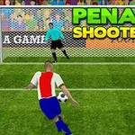 En fodboldspiller i rødt og hvidt sparkes mod mål vogtet af en målmand i blå trøje, med teksten PENALTY SHOOTERS øverst