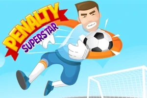En animeret målmand i blåt tøj griber en fodbold foran et målnet med teksten Penalty Superstar i farvede bogstaver
