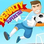 En animeret målmand i blåt tøj griber en fodbold foran et målnet med teksten Penalty Superstar i farvede bogstaver