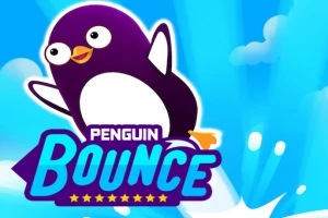 En lilla pingvin hopper opad med blå tekst Penguin Bounce foran en lys, skyet baggrund