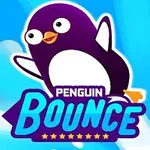 En lilla pingvin hopper opad med blå tekst Penguin Bounce foran en lys, skyet baggrund