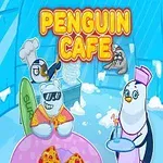 Pingviner og en isbjørn i et is-café-miljø med farverige kostumer og mad