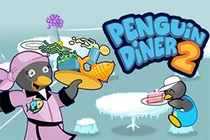 To pingviner i et arktisk miljø, hvor den ene serverer mad og den anden spiser kage