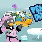 To pingviner i et arktisk miljø, hvor den ene serverer mad og den anden spiser kage