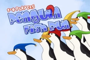 Flere pingviner med farverige hatte løber mod højre på en blå baggrund, ledsaget af teksten 1-4 Players og Penguin Fish Run