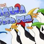 Flere pingviner med farverige hatte løber mod højre på en blå baggrund, ledsaget af teksten 1-4 Players og Penguin Fish Run