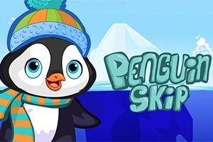 Tegneseriepingvin med en kulørt hat og halstørklæde foran en isbjergbaggrund med teksten Penguin Skip