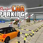 Orange bil i en parkeringsgarage med barrierer og to andre biler i forskellige farver i baggrunden