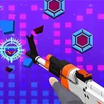 En animeret hånd med en hvid og orange riffel sigter mod flydende geometriske former på en lilla baggrund med blå firkanter