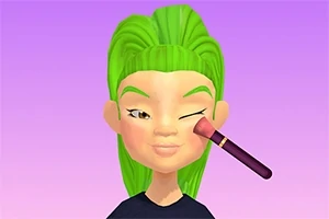 Tegnet figur med grønt hår og make-up pensel mod ansigtet på lilla baggrund