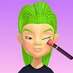 Tegnet figur med grønt hår og make-up pensel mod ansigtet på lilla baggrund