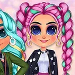 To an animerede figurer med store øjne, farverigt hår og moderne tøj