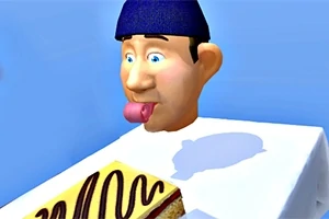 En animeret figur med blå hat stirrer med tungen ude på en kage med chokoladedekorationer