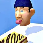 En animeret figur med blå hat stirrer med tungen ude på en kage med chokoladedekorationer
