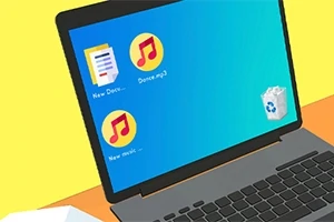 Bærbar computer med to musikikoner og et dokumentikon på skrivebordet samt en papirkurv