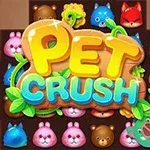 Farverige tegneserie-dyr med teksten PET CRUSH i midten omgivet af forskellige ikoniske dyreansigter