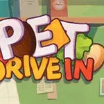 Farverigt logo med teksten PET DRIVE IN og ikoner af madvarer som tomat, kød og ost