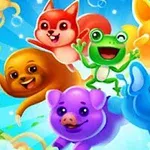 Farverige og animerede dyr inklusive en frø, en elefant, en gris, en sæl, en ræv og en kanin, alle smilende og glade på en blå himmelbaggrund