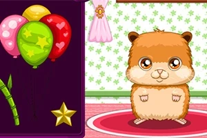 Et sødt hamster står på en rød rund tæppe ved siden af farverige balloner og en stjerne på en lilla baggrund