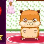 Et sødt hamster står på en rød rund tæppe ved siden af farverige balloner og en stjerne på en lilla baggrund