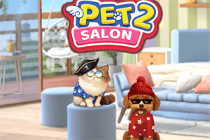 En kat og en hund iført sjove kostumer sidder i en farverig stue med teksten Pet Salon øverst