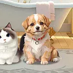 En kat og en hund sidder side om side foran et badekar på et trægulv med en tæppe