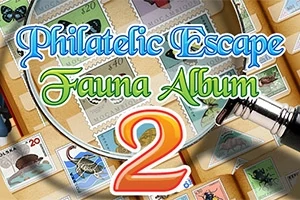 Et forstørrelsesglas, frimærker med dyremotiver og en fyldepen med teksten Philatelic Escape Fauna Album 2
