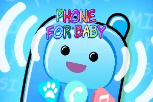En tegneserie-illustration af en smilende, blå telefon med farverige ikoner og teksten Phone for Baby øverst
