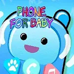 En tegneserie-illustration af en smilende, blå telefon med farverige ikoner og teksten Phone for Baby øverst