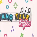 Farverigt logo med teksten Piano Tile Reflex omgivet af musikalske symboler og figurer på en lys baggrund