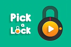 Teksten Pick a Lock med et grafisk billede af en hængelås med en play-knap på en grøn baggrund