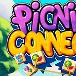 Farverig grafik med teksten Picnic Connect omgivet af billeder af mad og drikke på en baggrund af blå himmel og grønne træer