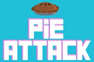 Teksten Pie Attack i hvid og lilla med en brun tærte øverst mod en blå baggrund