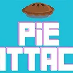 Teksten Pie Attack i hvid og lilla med en brun tærte øverst mod en blå baggrund