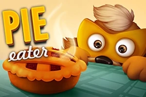 En tegneseriefigur med et glubsk udtryk kigger på en rygende tærte på et bord, med teksten Pie eater ved siden af