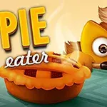 En tegneseriefigur med et glubsk udtryk kigger på en rygende tærte på et bord, med teksten Pie eater ved siden af