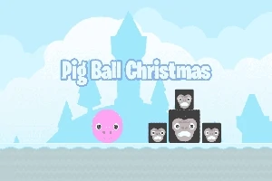 Lyserødt pigefjæs ved siden af sorte firkanter med ansigter foran blå slotssilhuet og teksten Pig Ball Christmas