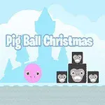 Lyserødt pigefjæs ved siden af sorte firkanter med ansigter foran blå slotssilhuet og teksten Pig Ball Christmas