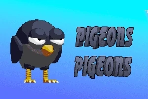 En tegneserieagtig sort due med gule ben og en orange næb står ved siden af teksten PIGEONS på en blå baggrund