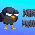 En tegneserieagtig sort due med gule ben og en orange næb står ved siden af teksten PIGEONS på en blå baggrund