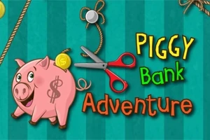 Et tegneserie-gris sparebøsse med en dollar-tegn, en mønt, saks og reb mod en grøn stribet baggrund med teksten Piggy Bank Adventure