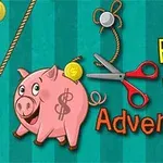 Et tegneserie-gris sparebøsse med en dollar-tegn, en mønt, saks og reb mod en grøn stribet baggrund med teksten Piggy Bank Adventure