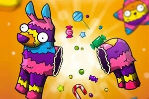 Farverig, tegneserie-pinata formet som en lama sprænges og spreder slik og stjerner på en orange baggrund
