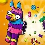 Farverig, tegneserie-pinata formet som en lama sprænges og spreder slik og stjerner på en orange baggrund