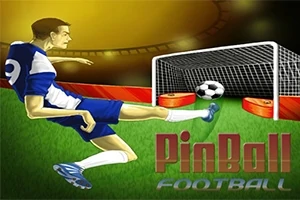 En tegneserieillustration af en fodboldspiller i blåt og hvidt tøj, der sparker en bold mod et mål, med teksten PinBall Football nederst