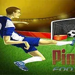 En tegneserieillustration af en fodboldspiller i blåt og hvidt tøj, der sparker en bold mod et mål, med teksten PinBall Football nederst