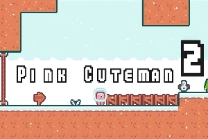 Pixelgrafik med teksten Pink Cuteman 2, som viser en lyserød figur i et platformspil