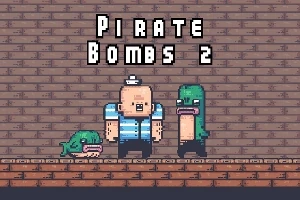En pixeleret karakter i sømandstøj står mellem to grønne, dyrelignende væsner på en murstensbaggrund med teksten Pirate Bombs 2 ovenfor